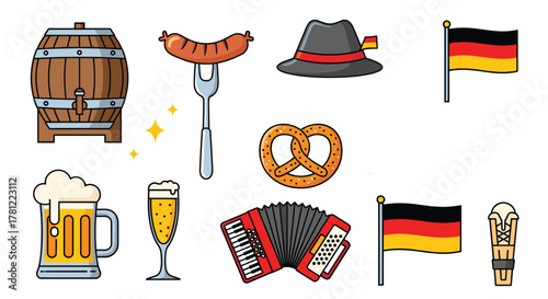 Colorful collection of Oktoberfest and German culture icons including beer, pretzel, sausage, and an accordion on white background.
