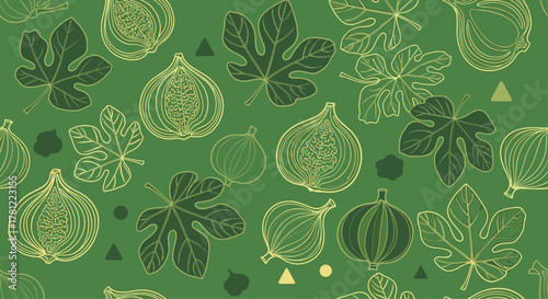 Seamless pattern design with hand-drawn figs and leaves on a solid green background for a fresh, nature-inspired textile print.