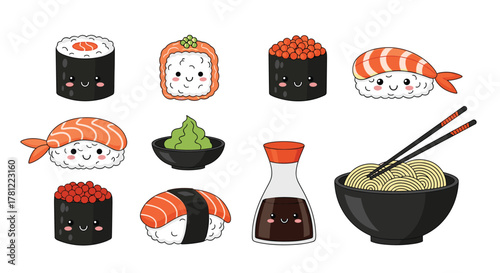 Adorable kawaii sushi characters with smiling faces, including nigiri, maki rolls, noodles, and soy sauce for cute designs.