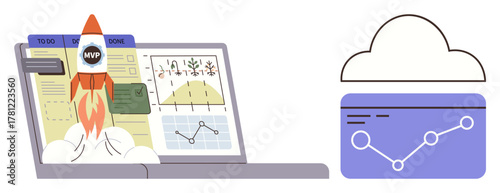 Rocket launching from a laptop screen with project dashboards and cloud data storage box. Ideal for innovation, technology, business growth, startup, productivity, analytics, success. Simple flat