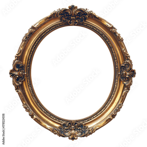 Antique round oval gold picture mirror frame isolated on transparent background