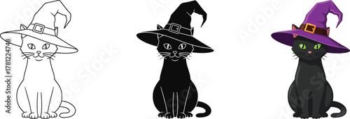 Halloween witch cat set: vector outline, silhouette, and cartoon black cat with purple hat and green eyes, perfect for spooky holiday designs and seasonal illustrations.