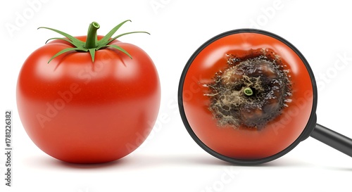 Tomato rot disease under magnifying glass decay inedible healthy