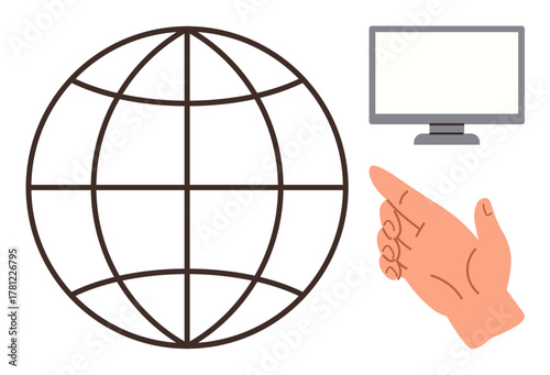 Grid-style globe, hand pointing towards a computer monitor, symbolizing digital communication and worldwide interaction. Ideal for globalization, connectivity, online tools, digital access, internet