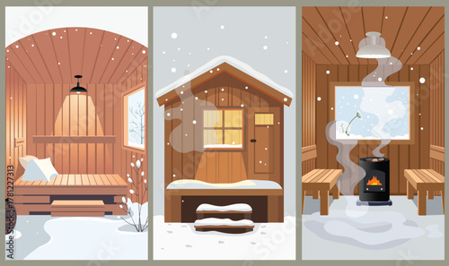 Cozy wooden sauna cabin in snowy winter forest. Warm light, steam and calm hygge atmosphere. Minimal vector illustration in vertical mobile format.