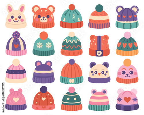 A collection of cute knitted winter hats with animal faces and pom-poms.