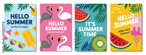 Summer Greeting Clipart Poster Set – Hello Summer Text with Ice Cream, Watermelon, and Tropical Elements, Colorful Background Clip Art Collection, Fun Vector Illustration