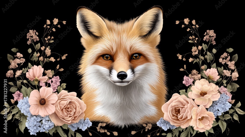 Naklejka premium Portrait of a fox surrounded by intricate floral designs, rendered in warm colors with a gothic touch, perfect for t-shirt printing