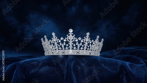 Diamond crown on velvet fabric with dramatic dark blue background  royal luxury, jewels, aristocracy, elegance, night