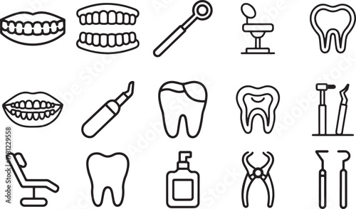 Dental Care Icon Set Black and White Line Art Tools and Teeth