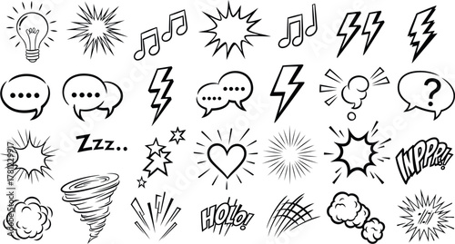 Vector Illustration of Hand-Drawn Comic Book Style Elements: Lightbulb, Music Notes, Speech Bubbles, Zzz, Heart, Explosion