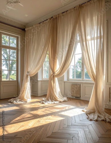 Sunlit interior showcasing draped curtains, windows, and hardwood floors