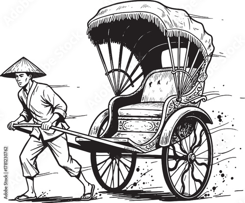 Hand-Drawn Rickshaw Vector in Monochrome Sketch