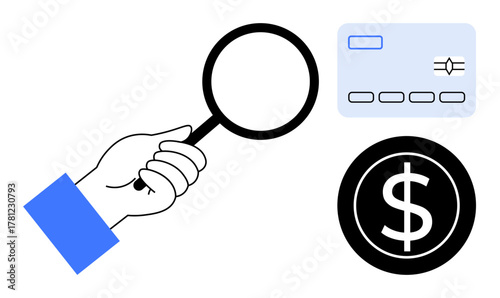 Hand holding magnifying glass near credit card and dollar coin, representing financial analysis, fraud detection, payment security, banking, expenses, budgeting, and digital transactions. Ideal