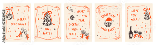 Merry Christmas and Happy New Year disco parti posters. Hand drawn crayon doodle sketch whimsical background. Coquette bow red frame. Bachelorette girly Xmas party invitation. Disco ball