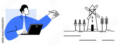 Man using laptop with pen in hand, analyzing data. Windmill farm and wheat fields symbolize renewable energy, technology, farming, innovation, sustainability, business and green economy. A simple
