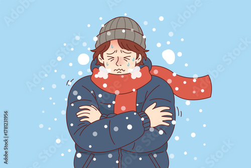 Freezing man in winter clothes. Cold weather, winter season, and low temperature concept illustration.