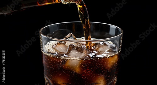 Dark cola pouring into glass with ice cubes and bubbles image