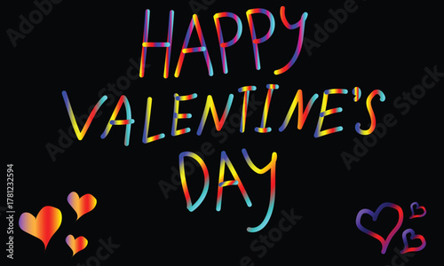 colorful happy valentine's day text with glowing rainbow hearts on black background, vibrant neon valentine's day typography with gradient hearts design, romantic multicolor valentine's day lettering 