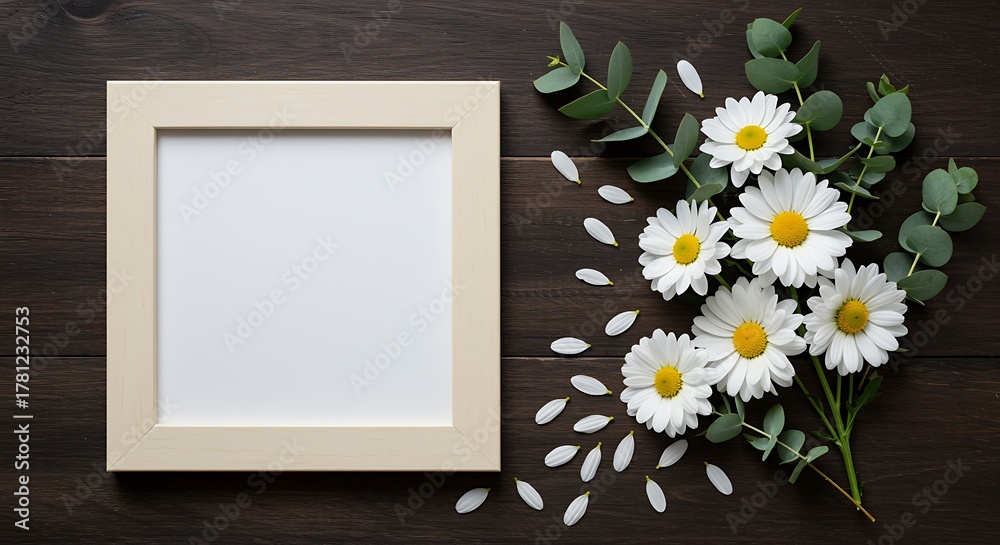 Obraz premium Empty light wood frame with white daisies and eucalyptus leaves empty frame picture frame