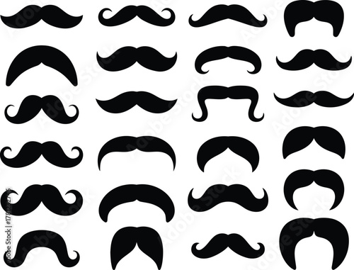 Collection of Diverse Black Mustache Silhouettes on White Background, Various Shapes and Styles