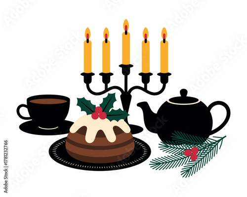 A Christmas pudding with a teapot, teacup, and candelabra are displayed.