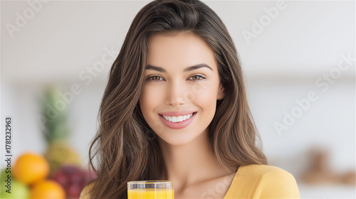 Portrait of cheerful woman in yellow top with fresh fruits on table, concept of health, positivity and natural beauty.