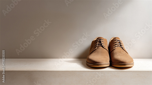 Pair of brown leather shoes placed neatly on shelf against neutral background, minimalist fashion and lifestyle concept.