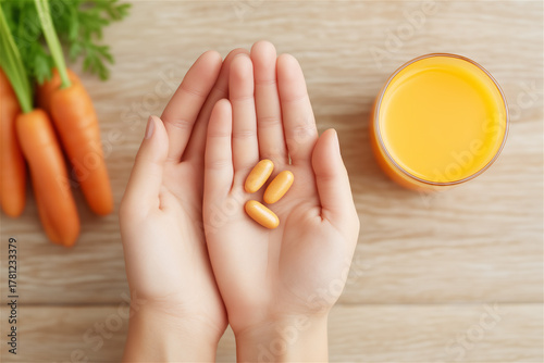 Hands holding vitamin capsules above table with fresh carrots and glass of juice, concept of health, nutrition and natural supplements.