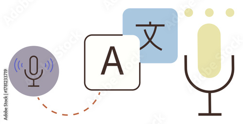 Microphones, letter icons, and translation symbols suggest speech recognition, audio processing, and language translation. Ideal for technology, education, linguistics, software globalization
