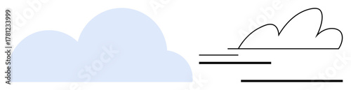 Puffy blue cloud paired with minimalist black line cloud and motion lines. Ideal for weather, technology, speed, data, innovation, networking, simplicity and modern concepts. Simple flat metaphor