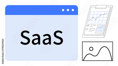 SaaS interface in a browser window alongside a clipboard with analytics and a simple line graph. Ideal for technology, data analysis, software, digital business, productivity, innovation, simple flat
