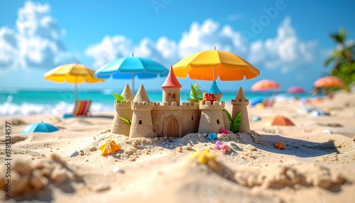Sunny beach scene with sandcastle, parasols, and turquoise water