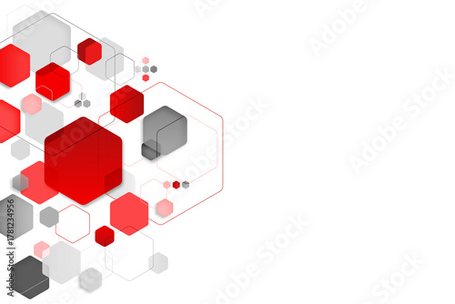 Abstract background with red and gray hexagons connected by thin lines on a white surface