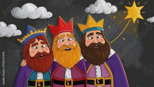 Three wise men with crowns following bright star at night under clouds  festive kings celebrating epiphany in colorful traditional attire