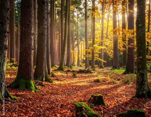 Sunlight streams through trees in an autumn forest, leaves on ground