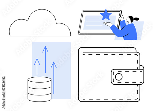 Cloud icon, data growth with arrows, secure wallet, person rating on a tablet. Ideal for technology, finance, online interaction, data storage, digital security review systems innovation themes