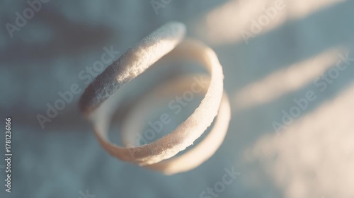 Close-up of a ring on a blue surface. the ring appears to be made of a thin, thin band with a smooth, shiny surface. it is slightly curved and has a small indentation in the center.