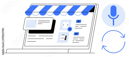 Laptop screen displaying an online shop interface with product cards, voice search, and refresh symbol. Ideal for e-commerce, online shopping, voice technology, automation, product management, web