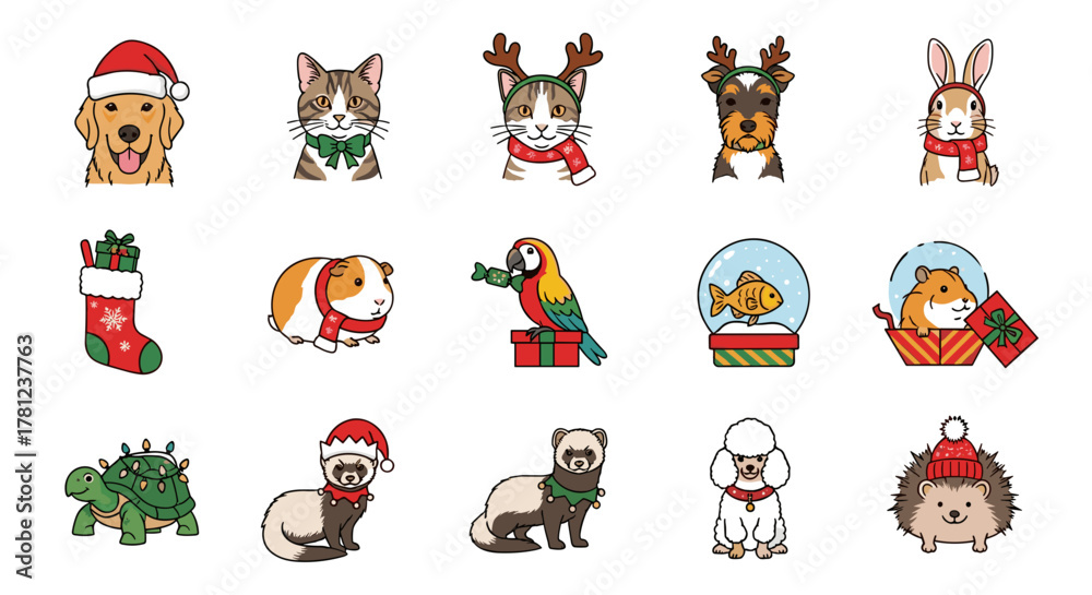 Fototapeta premium Festive holiday animal collection featuring christmas pets and holiday stocking with gifts for seasonal designs
