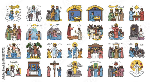 Christian religious scenes illustration set featuring nativity, miracles, and crucifixion of jesus christ