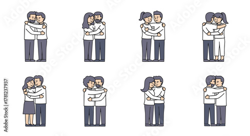 Illustration of various couples embracing each other showing love and affection in different styles
