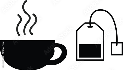 Hot drink cup with tea bag silhouette simple black vector illustration for restaurant menu tea time and relaxation concepts
