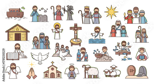 Christianity bible stories jesus christ and religious icons vector illustration set for education and design needs