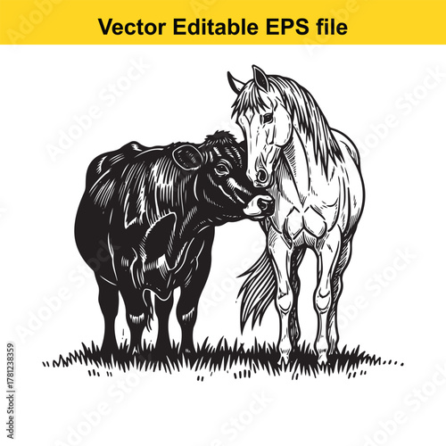 A black and white drawing of a cow and a horse standing together in grass, with a yellow banner at the top stating vector editable eps file