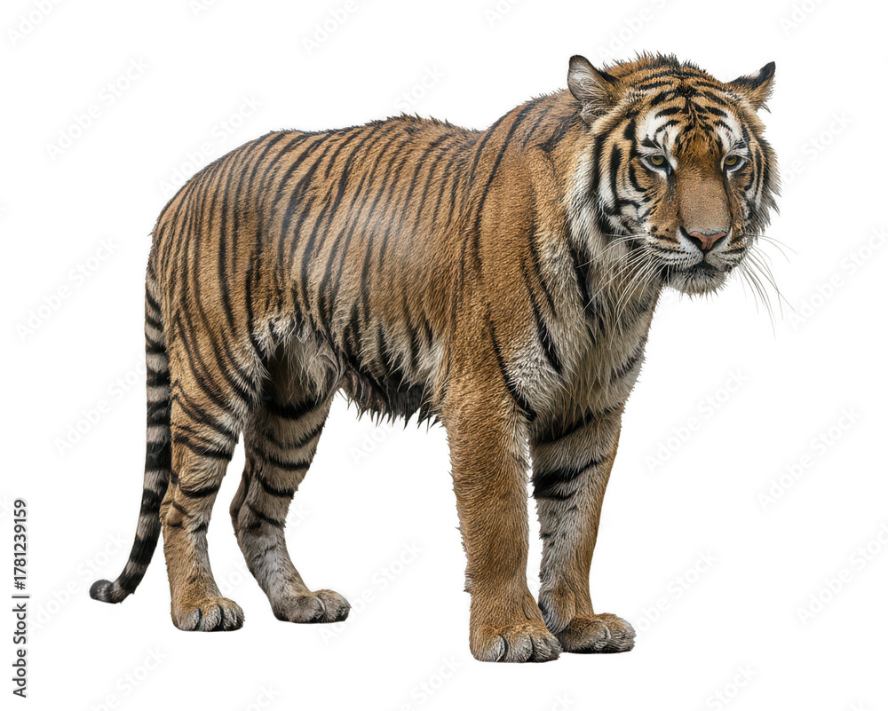Fototapeta premium Majestic Bengal Tiger Standing Proudly Isolated on White Background