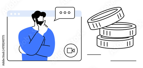 Individual contemplating during a video call, speech bubble overhead, next to stacked coins. Ideal for finance, remote work, online advice, strategy, problem-solving investment entrepreneurship. A