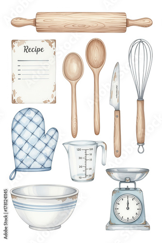 Watercolor Baking Utensils Clipart Set, Hand Drawn Vintage Kitchen Scale, Mixing Bowl, Measuring Cup, and Recipe Card Collection