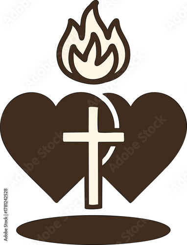 Overlapping hearts with cross and flame in minimalist vector style symbolizing faith, love, and spiritual devotion