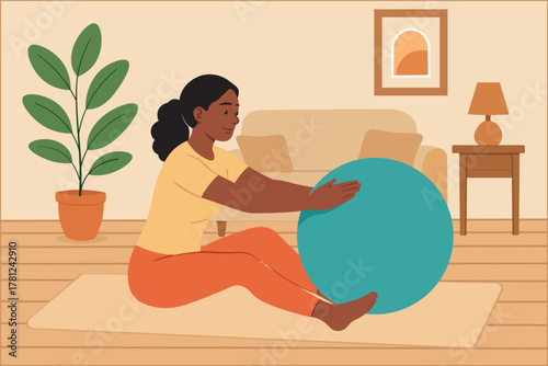 Calm Woman Training with Pilates Ball at Home – Wellness and Self-Care Illustration